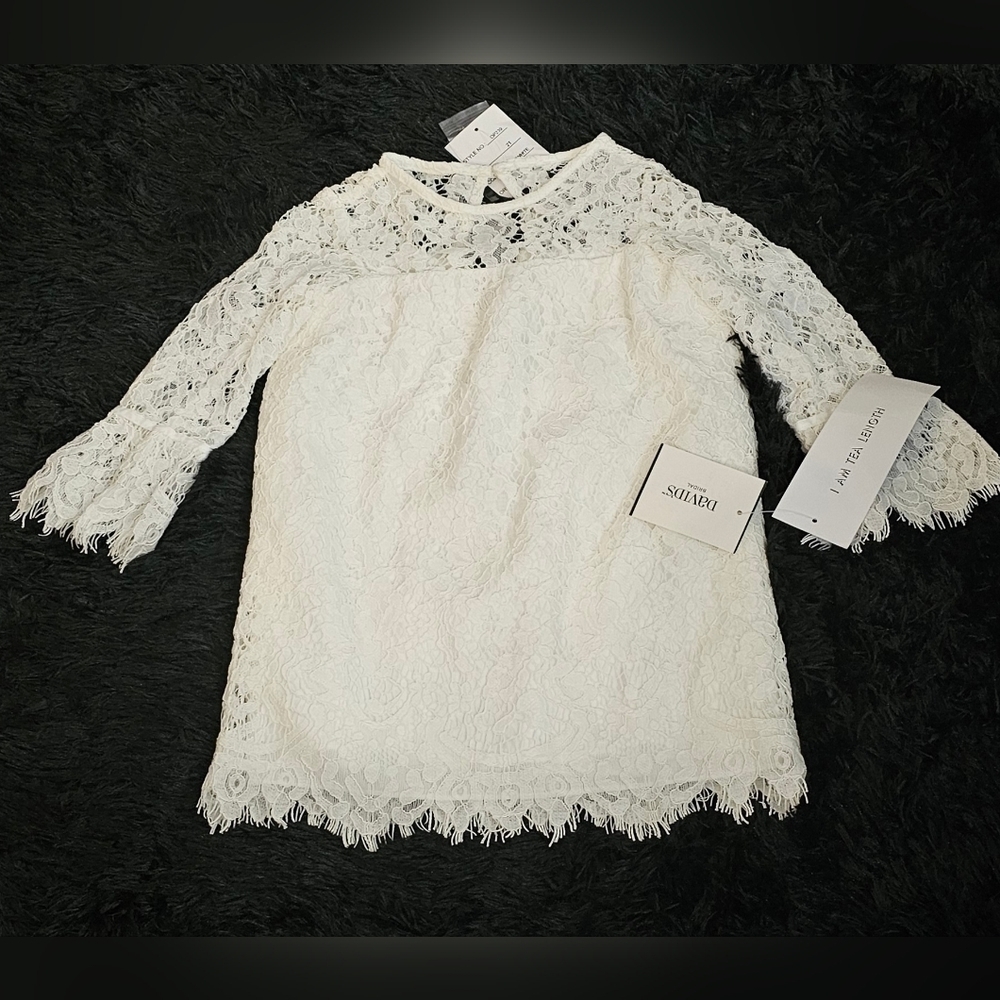 DAVID'S Bridal Short Lace Flower Girl Dress with Illusion Sleeves White 2T